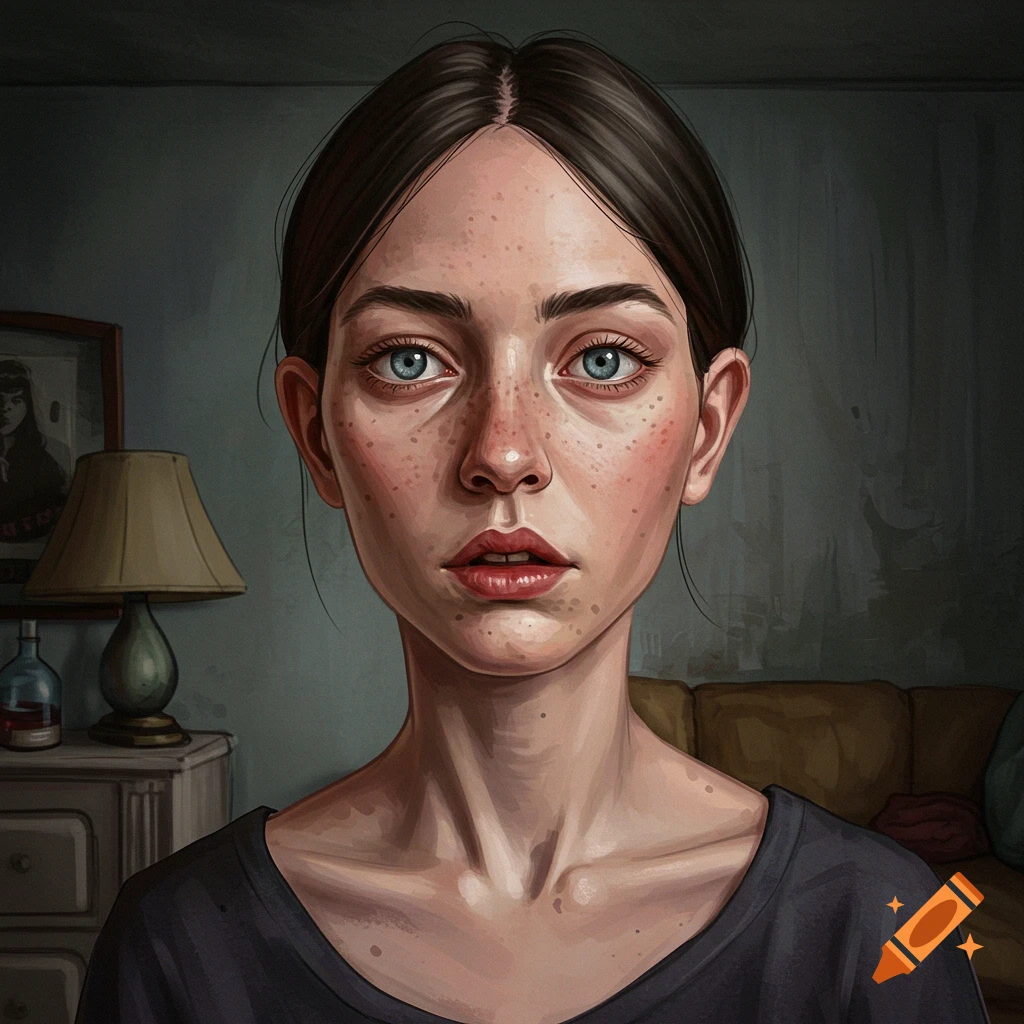 Portrait of a young woman with freckles and striking blue eyes.