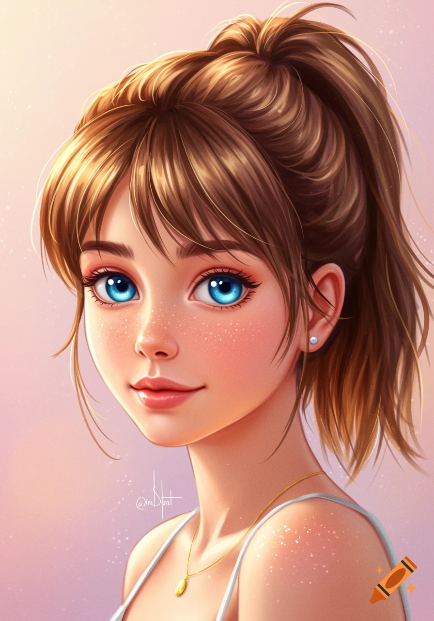 A girl with a brown ponytail, blue eyes, freckles, and a gold necklace, in anime style.