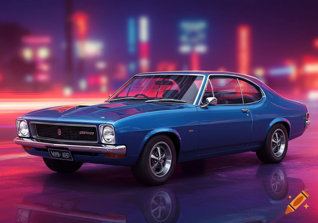 A blue classic coupe car is parked on a wet street at night with a blurred neon city background.
