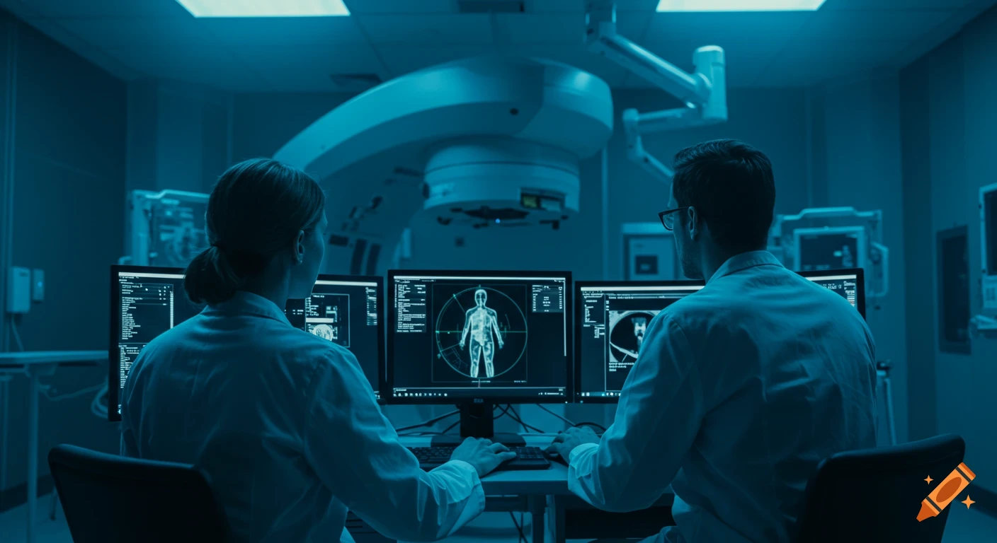 Two medical professionals view scans on computer screens in a blue-lit high-tech hospital room.