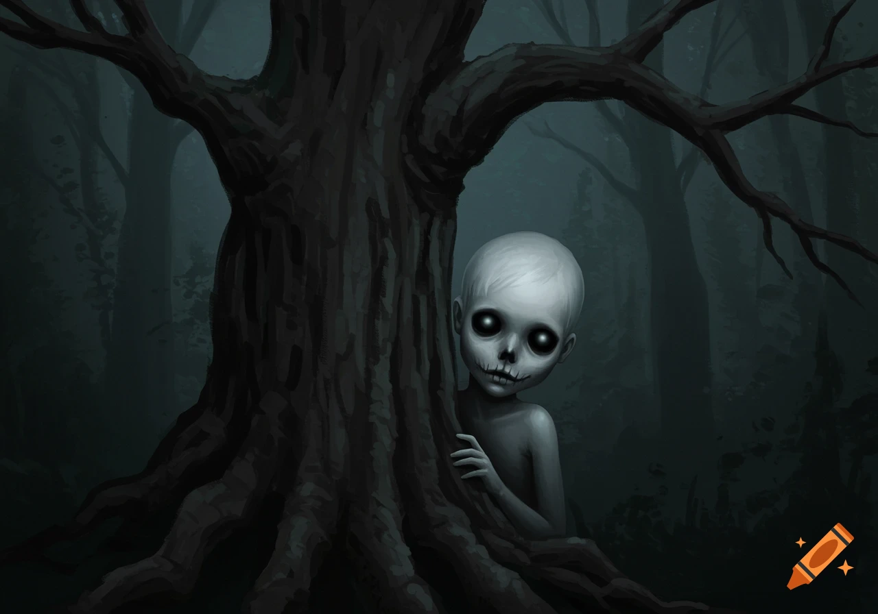 A creepy, skeletal-faced child with black eyes peeks from behind a large tree in a dark forest.