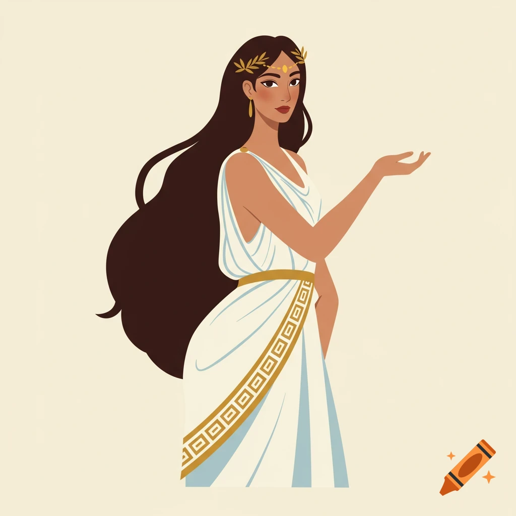 A woman in a white Greek dress and laurel wreath, 2d vector illustration.