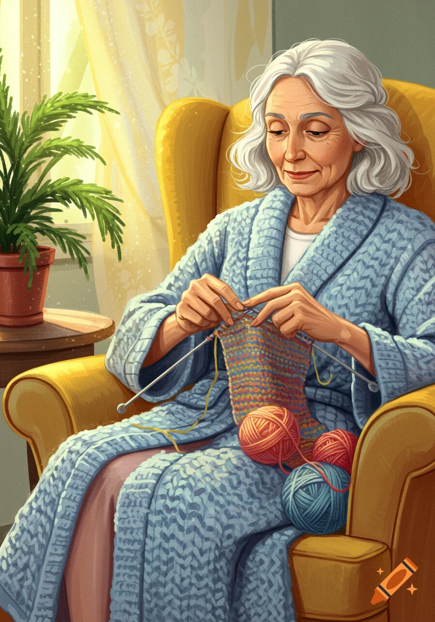 Older woman knitting in a yellow armchair