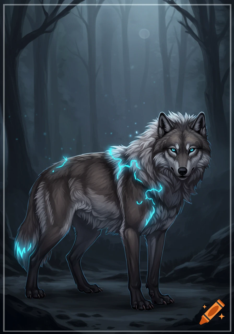 A fantasy wolf with blue energy is in a dark forest under a moon.