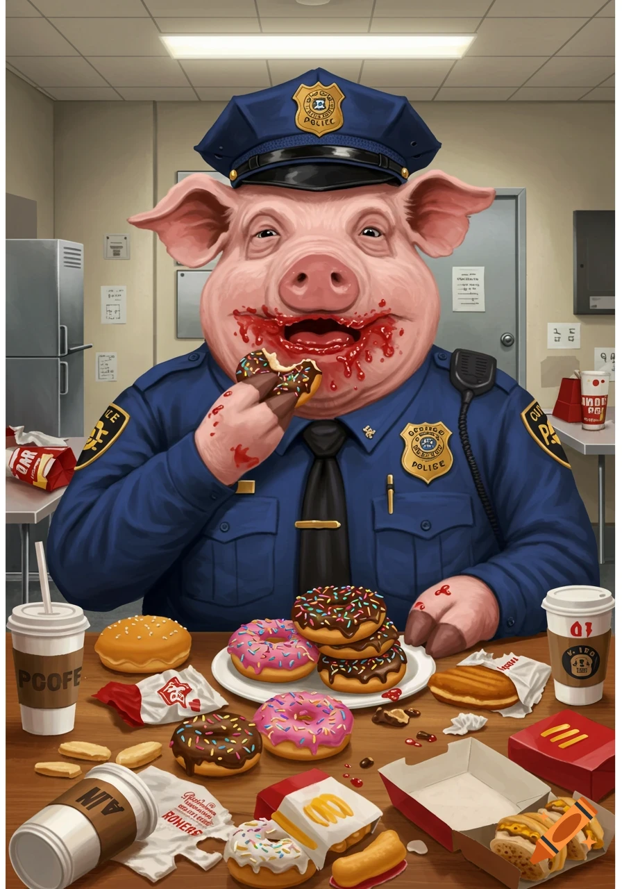 Illustration of a pig police officer messily eating donuts and fast food at a desk.