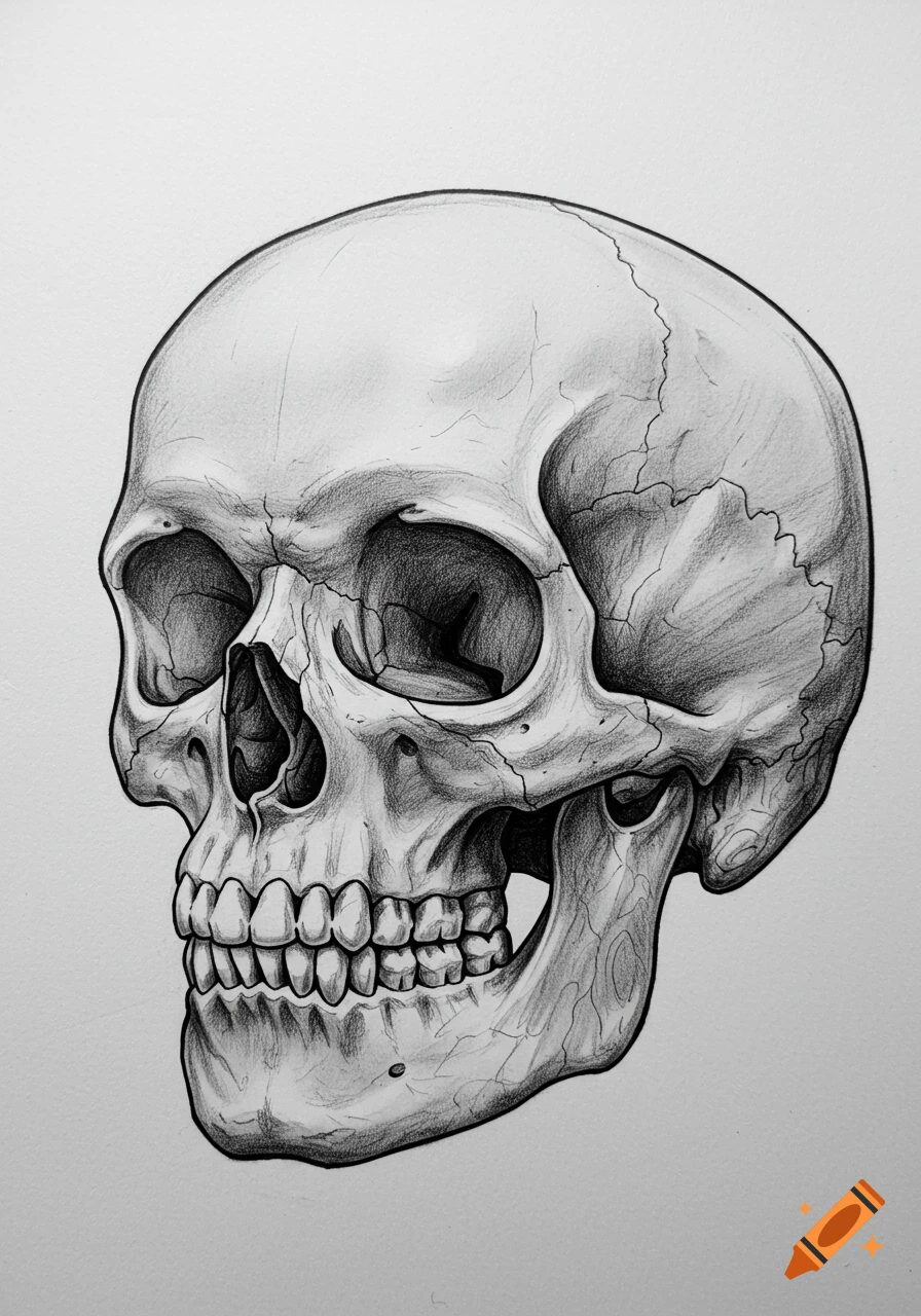 Pencil drawing of a human skull from a 3/4 perspective.