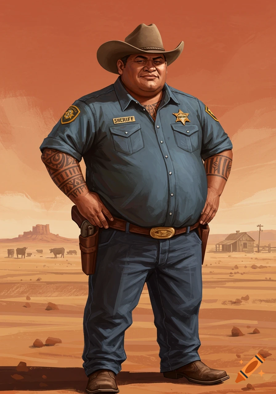 A sheriff wearing a cowboy hat in a Western desert landscape. The sheriff is overweight and Samoan.
