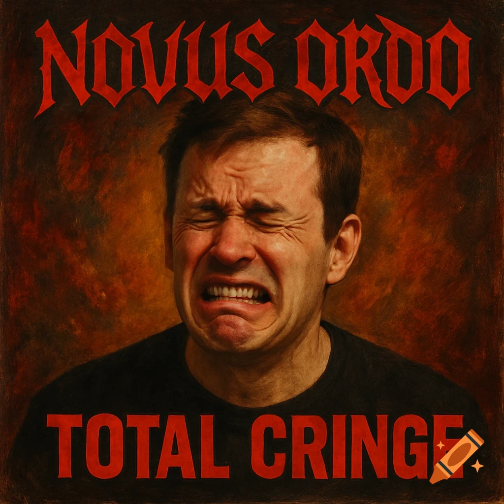 Man's face in a pained expression, with text 'NOVUS ORDO' and 'TOTAL CRINGE' on an album cover.