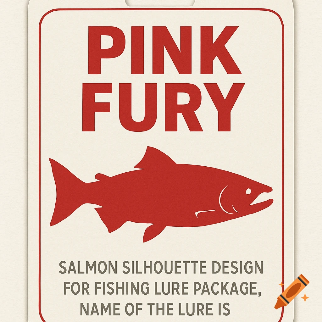 Design for a fishing lure package with 'PINK FURY' text and a salmon silhouette.