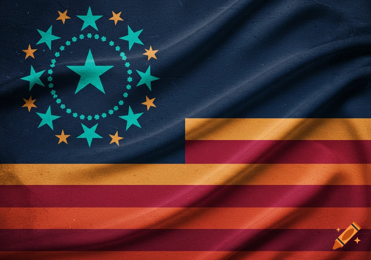 A textured flag with a blue field featuring teal and orange stars, and orange and maroon horizontal stripes.