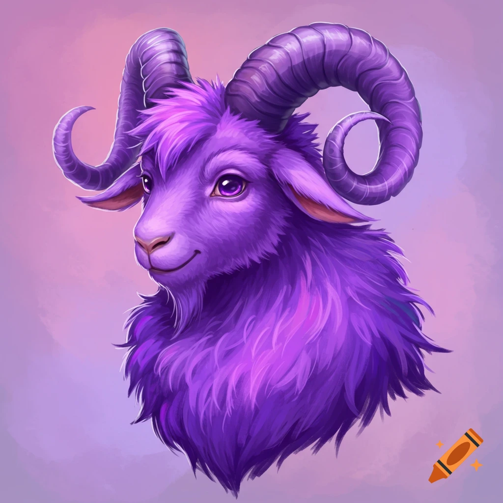 A purple goat head with large horns.