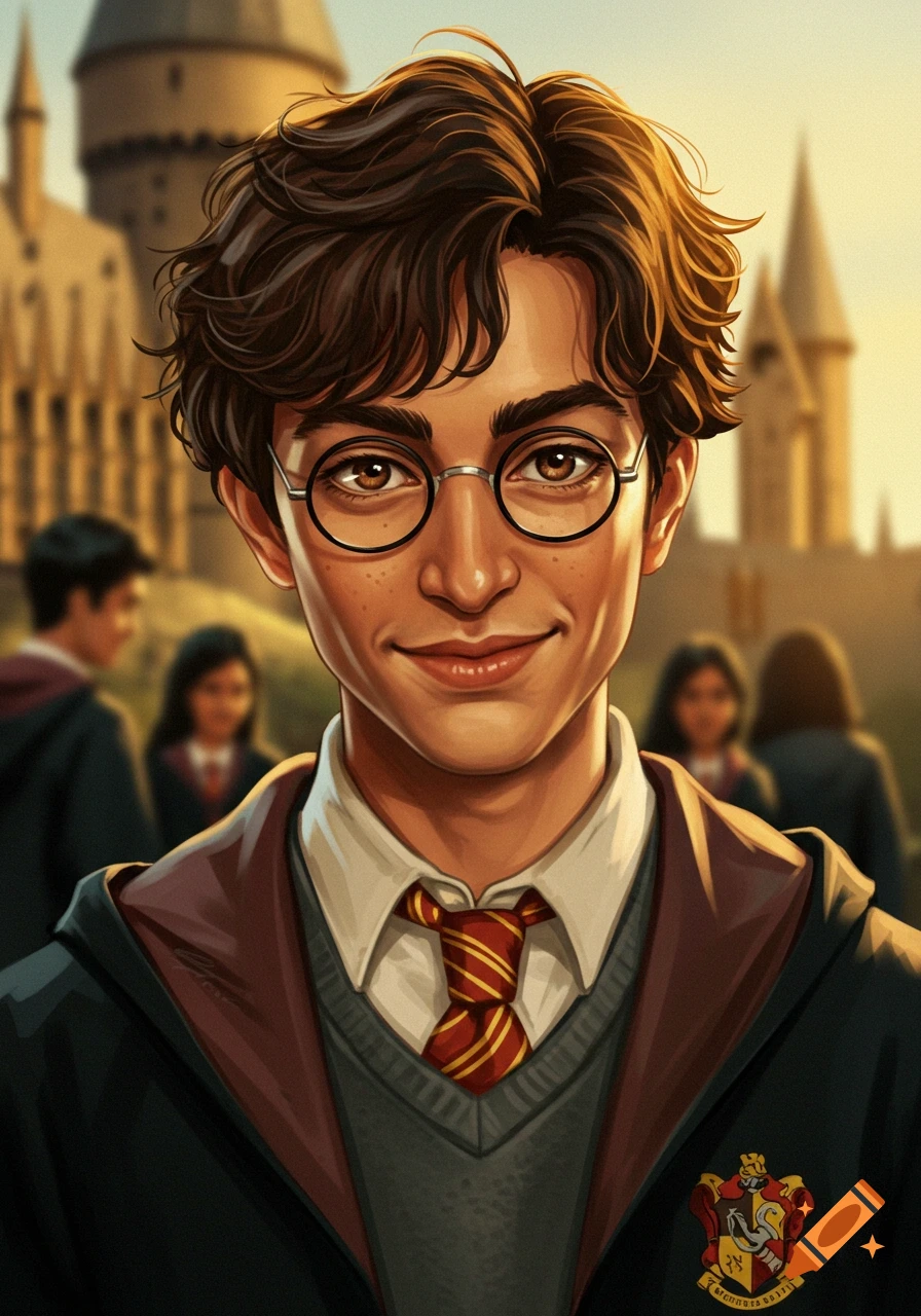 A young man in glasses and school uniform with a crest, standing in front of a castle.