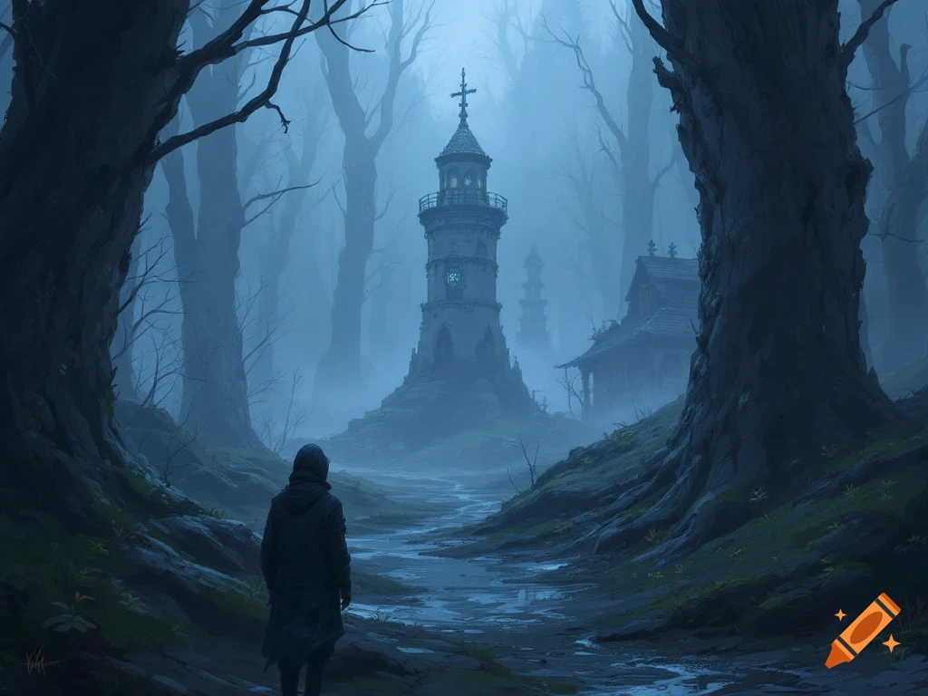A hooded figure walks on a muddy path towards a tall tower and building in a dark, misty forest.