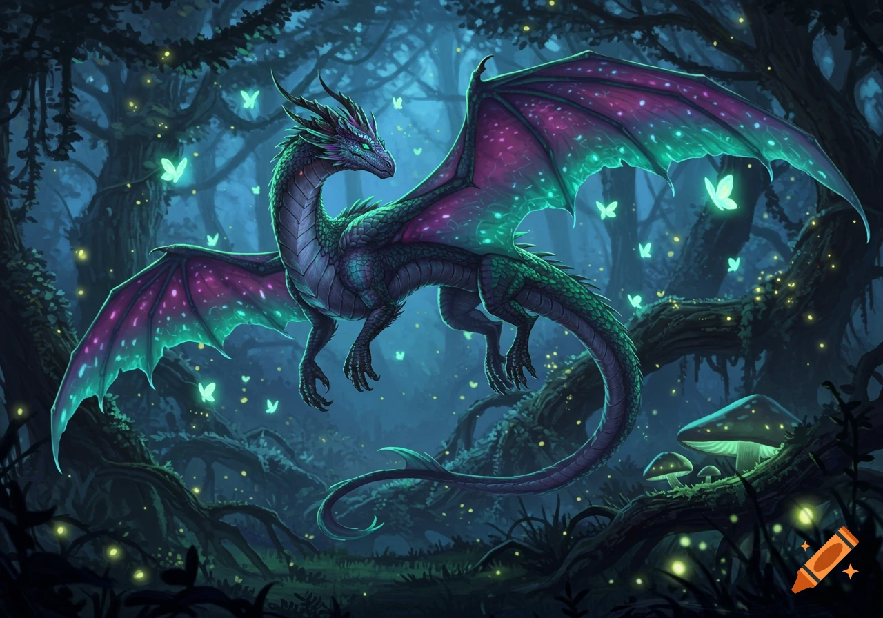 A fantasy dragon with purple and green wings flies through a dark forest filled with glowing mushrooms and butterflies.