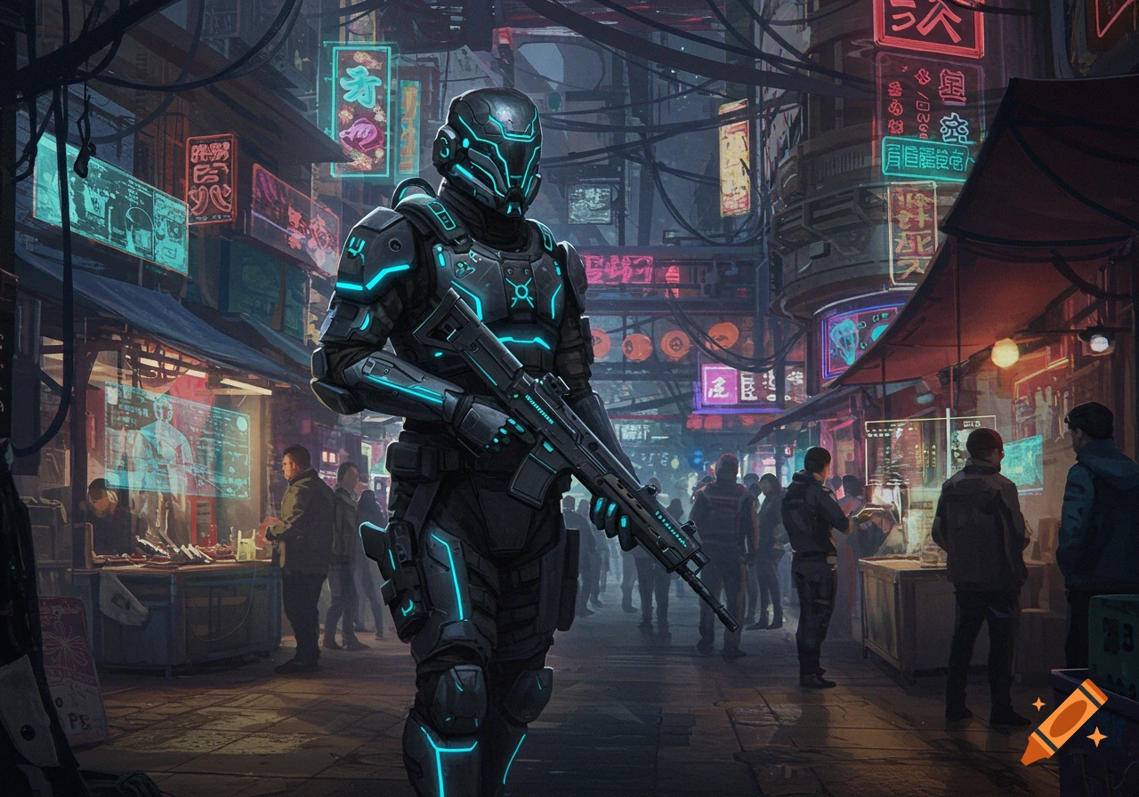 A futuristic armored soldier walks through a busy cyberpunk market.