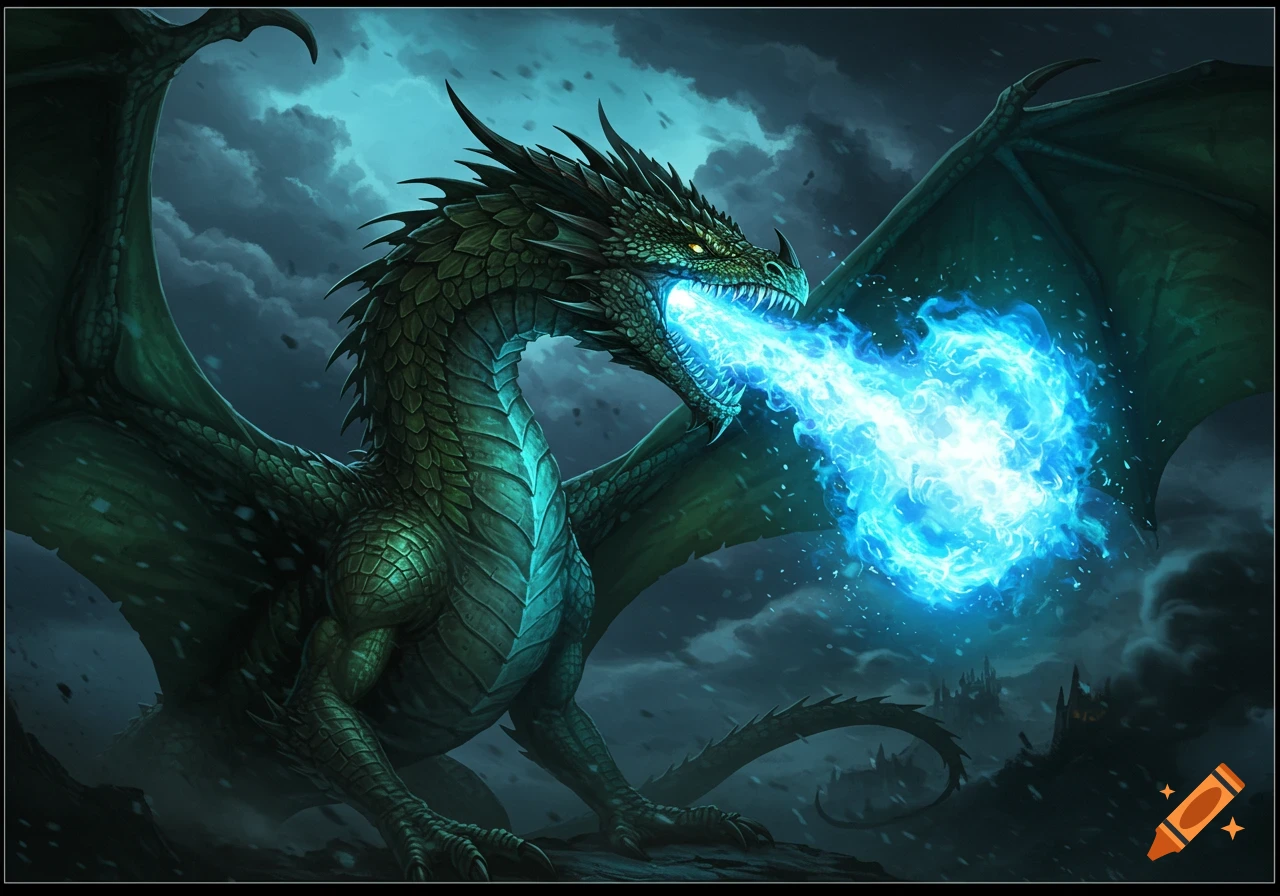 A green dragon breathes blue fire under a dark, cloudy sky.