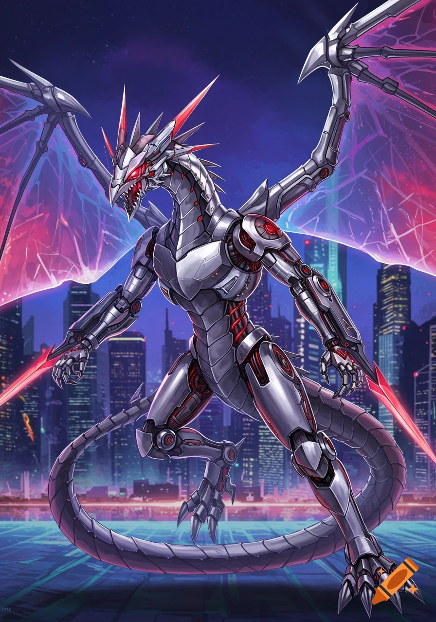 A detailed mecha dragon with red accents stands in a futuristic city nightscape.