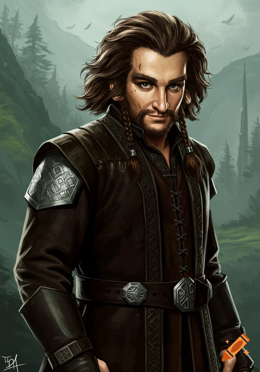 A fantasy character with long brown hair, braids, and beard, wearing leather armor in a misty landscape.