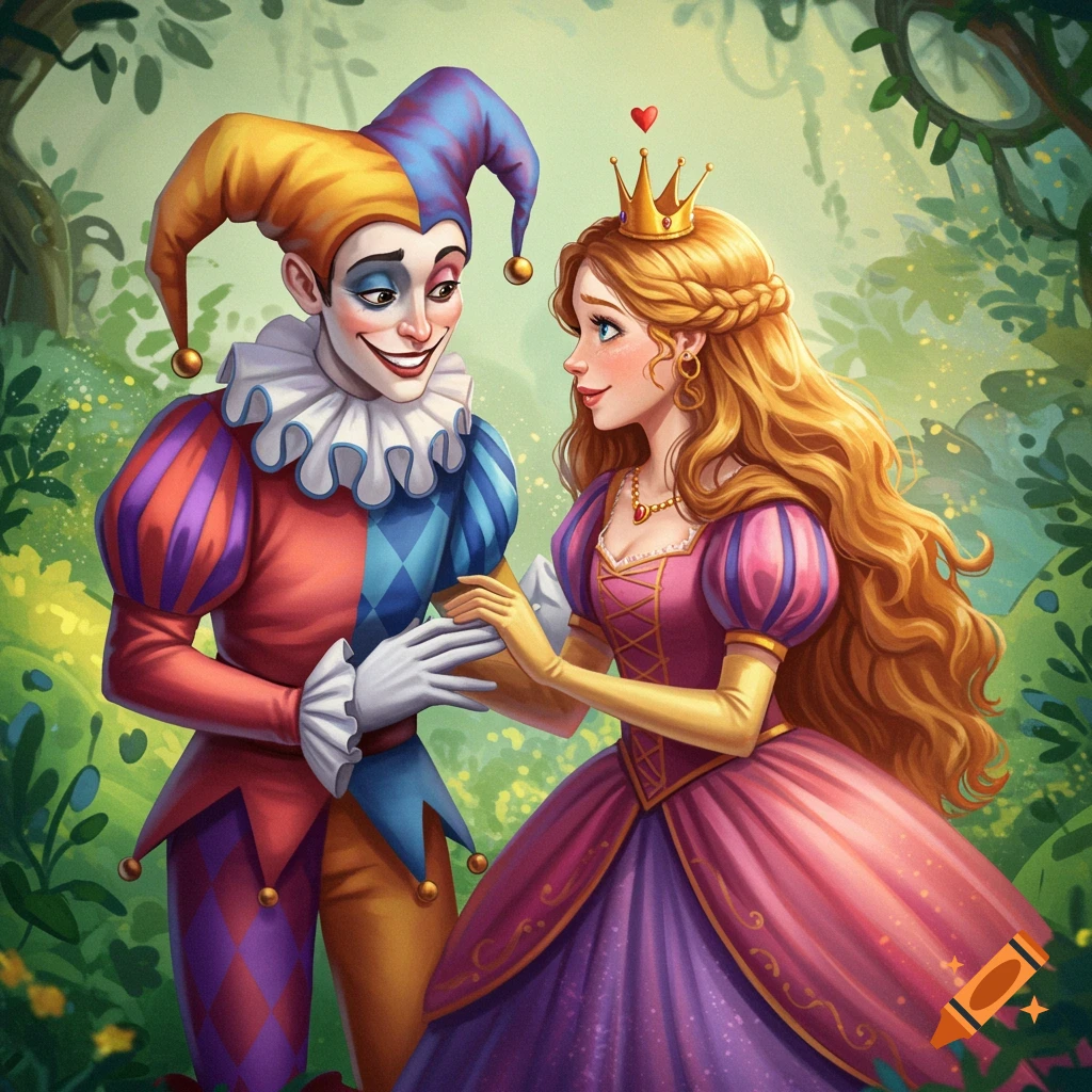 A jester and princess looking at each other in a fairytale garden.