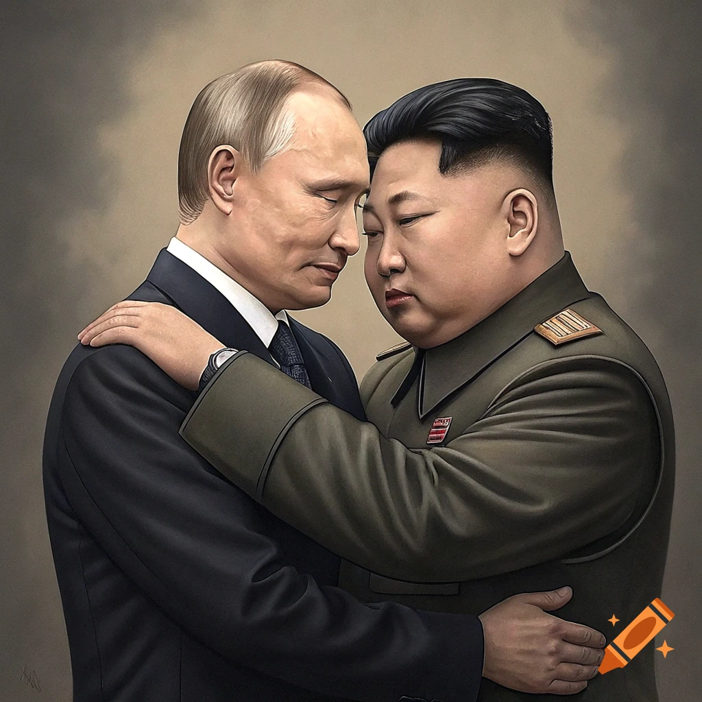 Stylized portrait of Vladimir Putin and Kim Jong Un embracing.