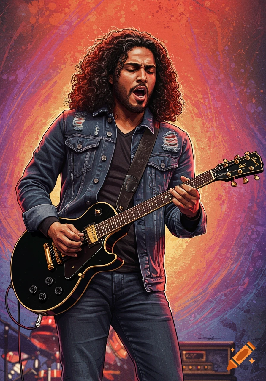 A man with curly hair playing a black electric guitar on stage.