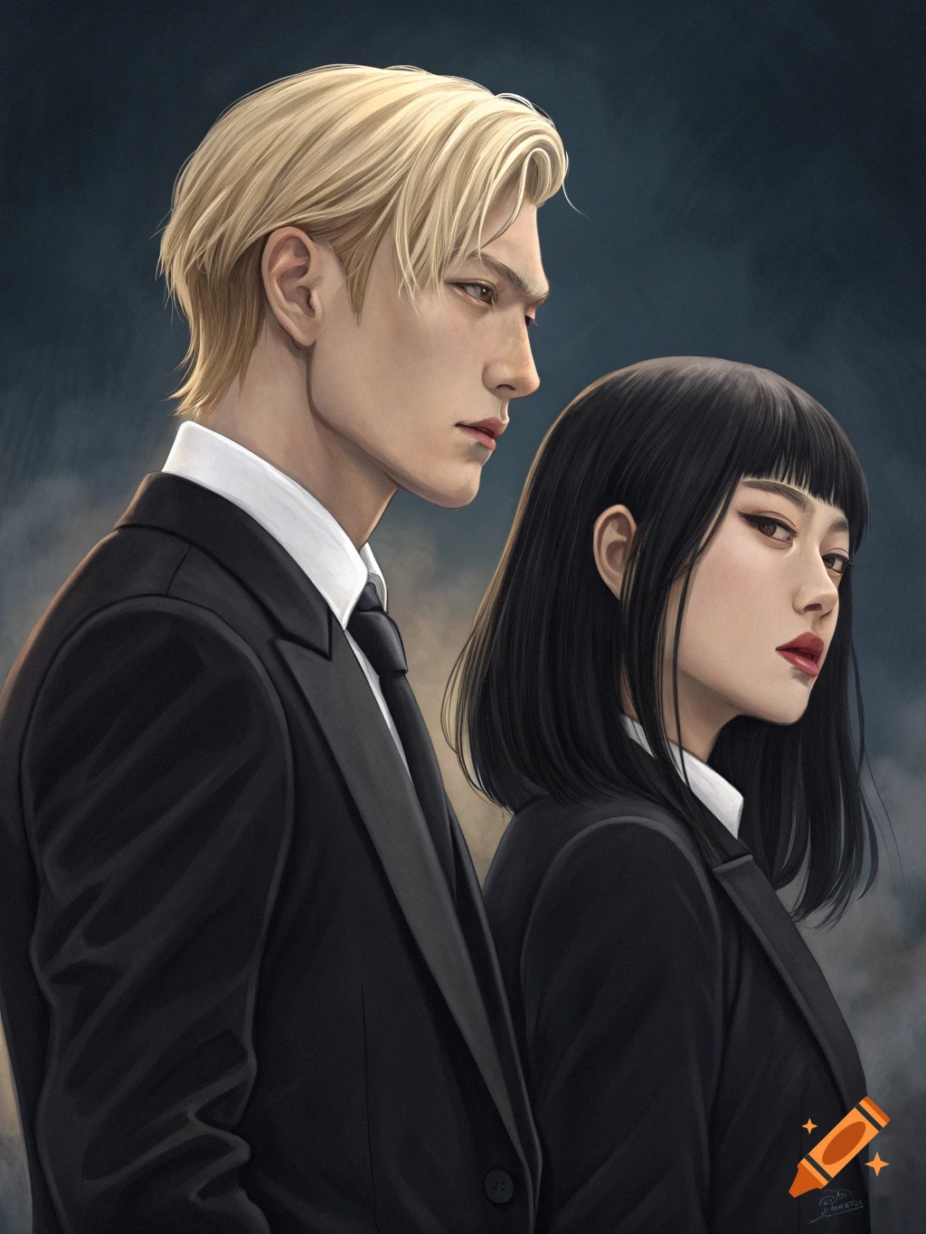 A man and woman in suits, standing back to back in a dramatic pose. Semi-realistic illustration.