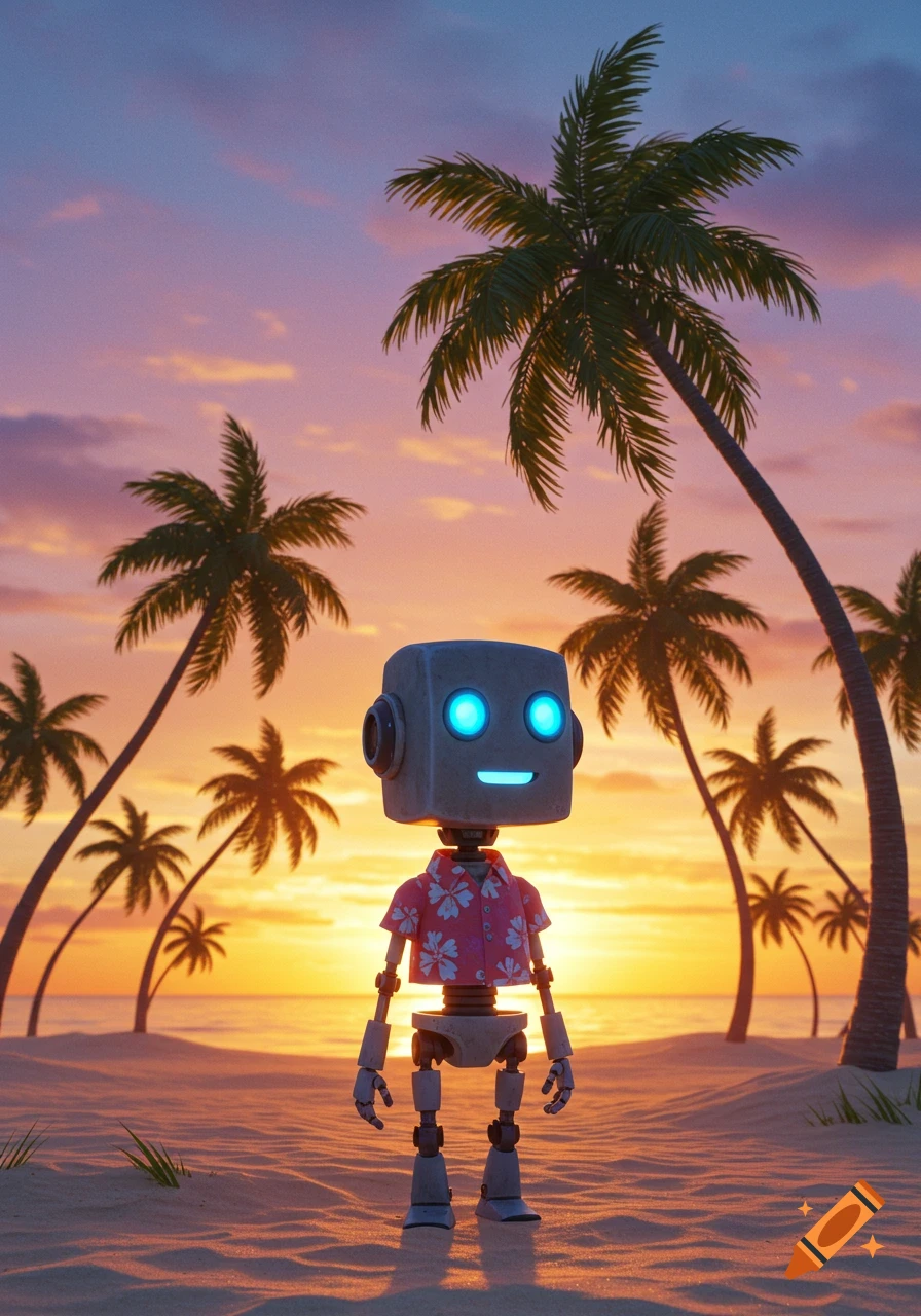 A robot in a Hawaiian shirt stands on a beach with palm trees against a colorful sunset sky, digital art.