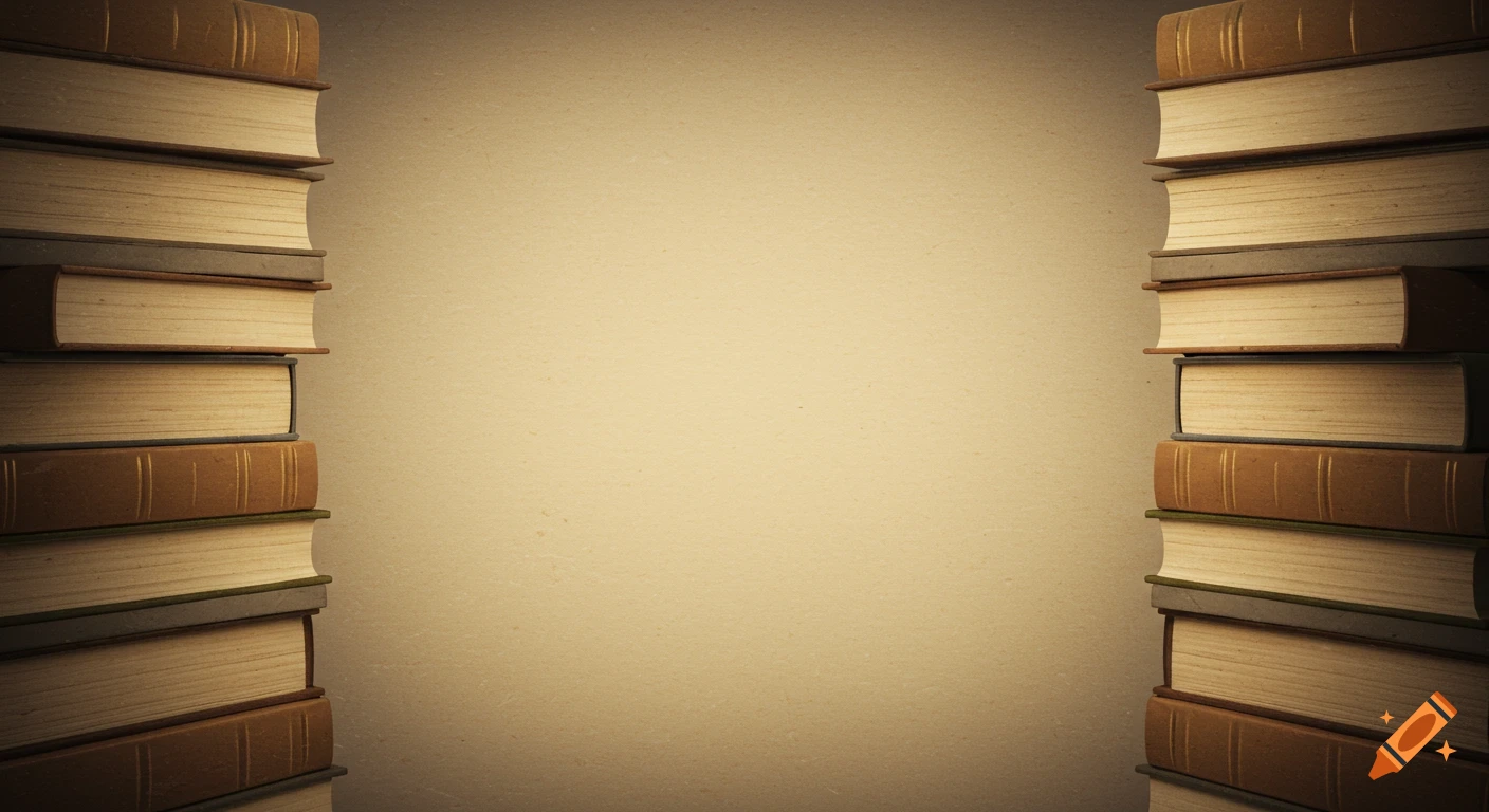 Stacks of old books on a textured beige background.