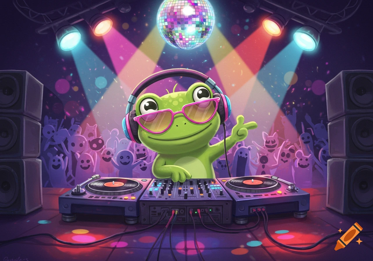 A cute cartoon frog DJ with headphones and sunglasses scratches records at a party with abstract background characters under a disco ball.
