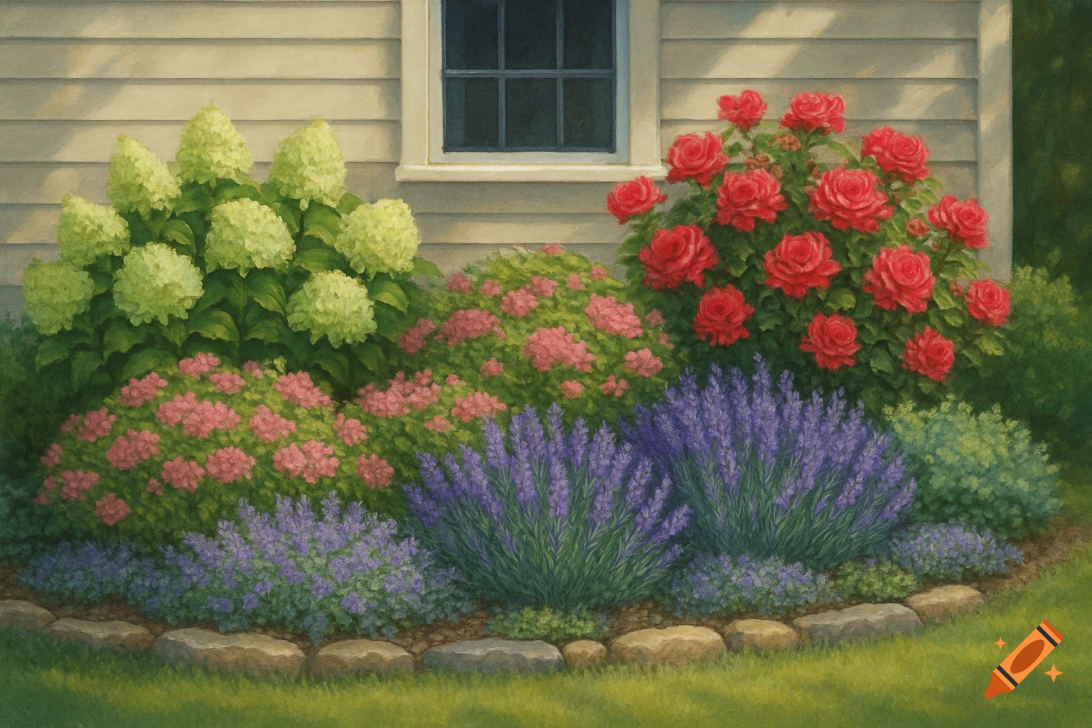 A colorful garden bed in front of a house wall with a window.