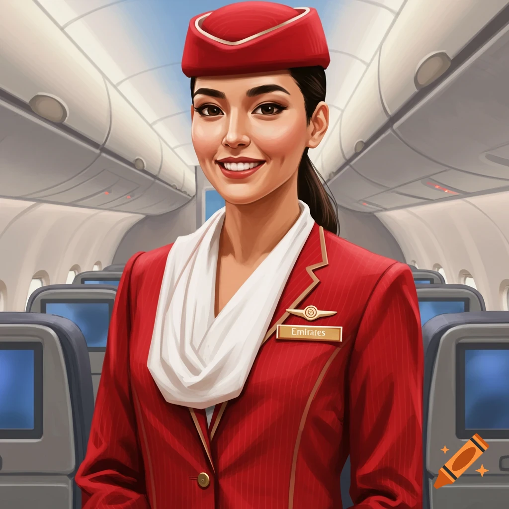 A smiling woman in an Emirates cabin crew uniform stands inside an airplane.