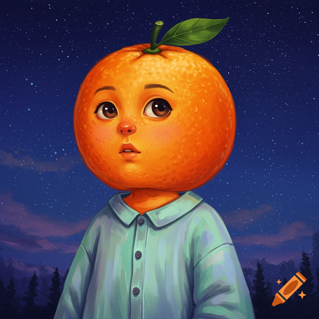 A character with an orange for a head wears pajamas under a starry night sky.