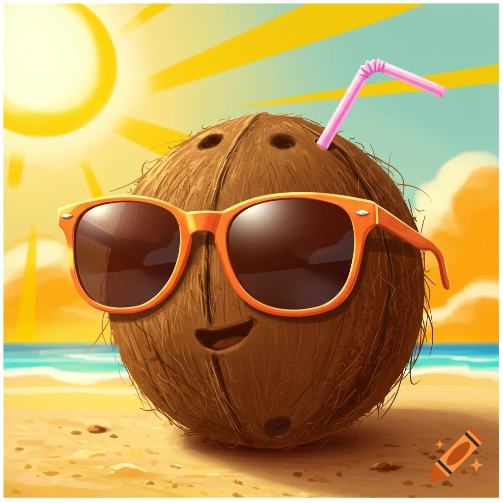 A cartoon coconut wearing sunglasses and a straw on a beach.