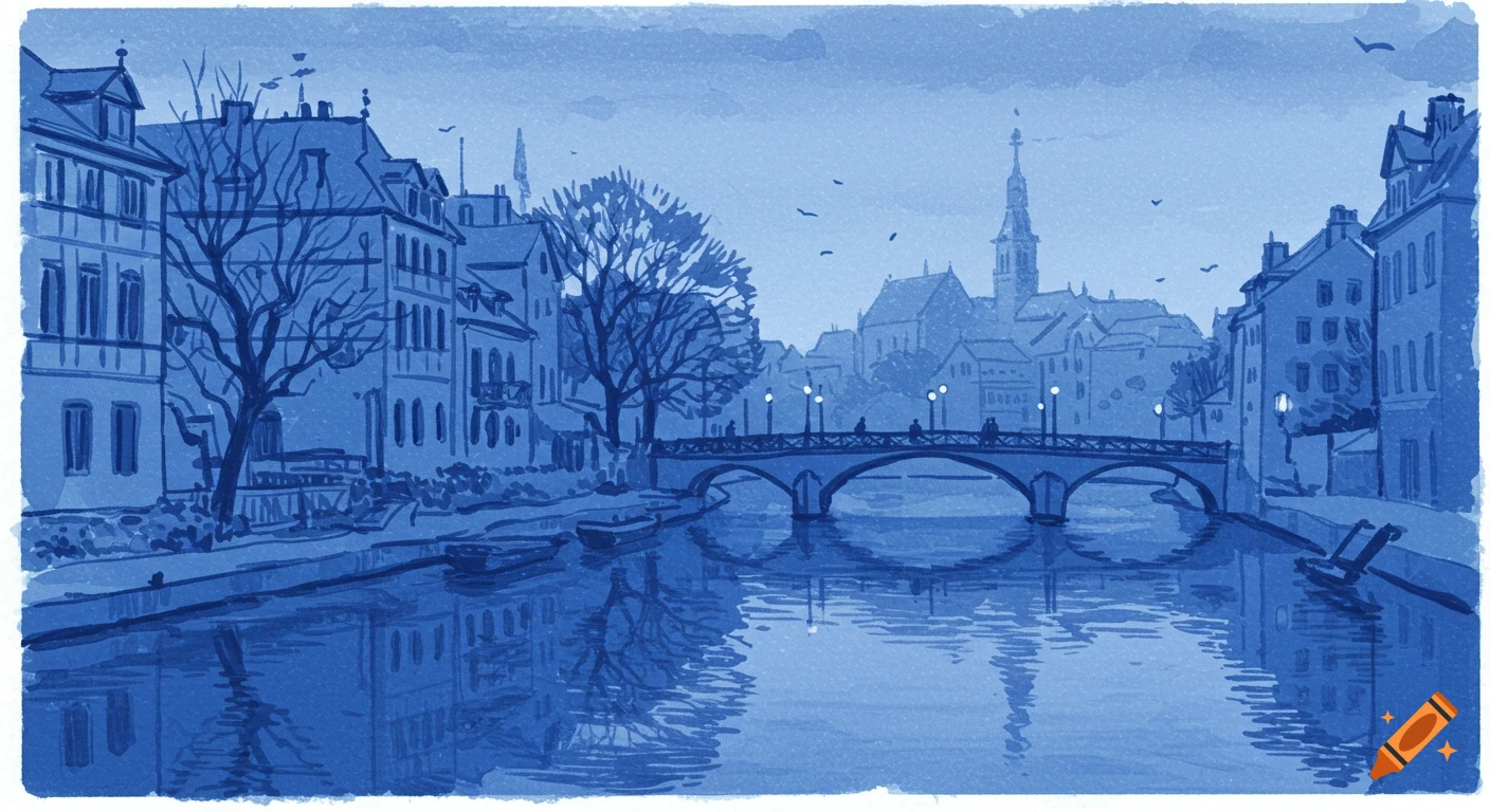 A blue watercolor painting of a city street with a river, bridge, bare trees, and buildings along the water.