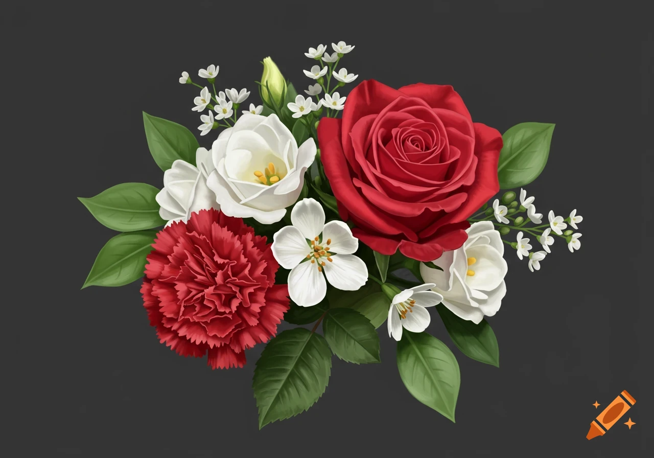 A bouquet with a red rose, red carnation, and white and green flowers.