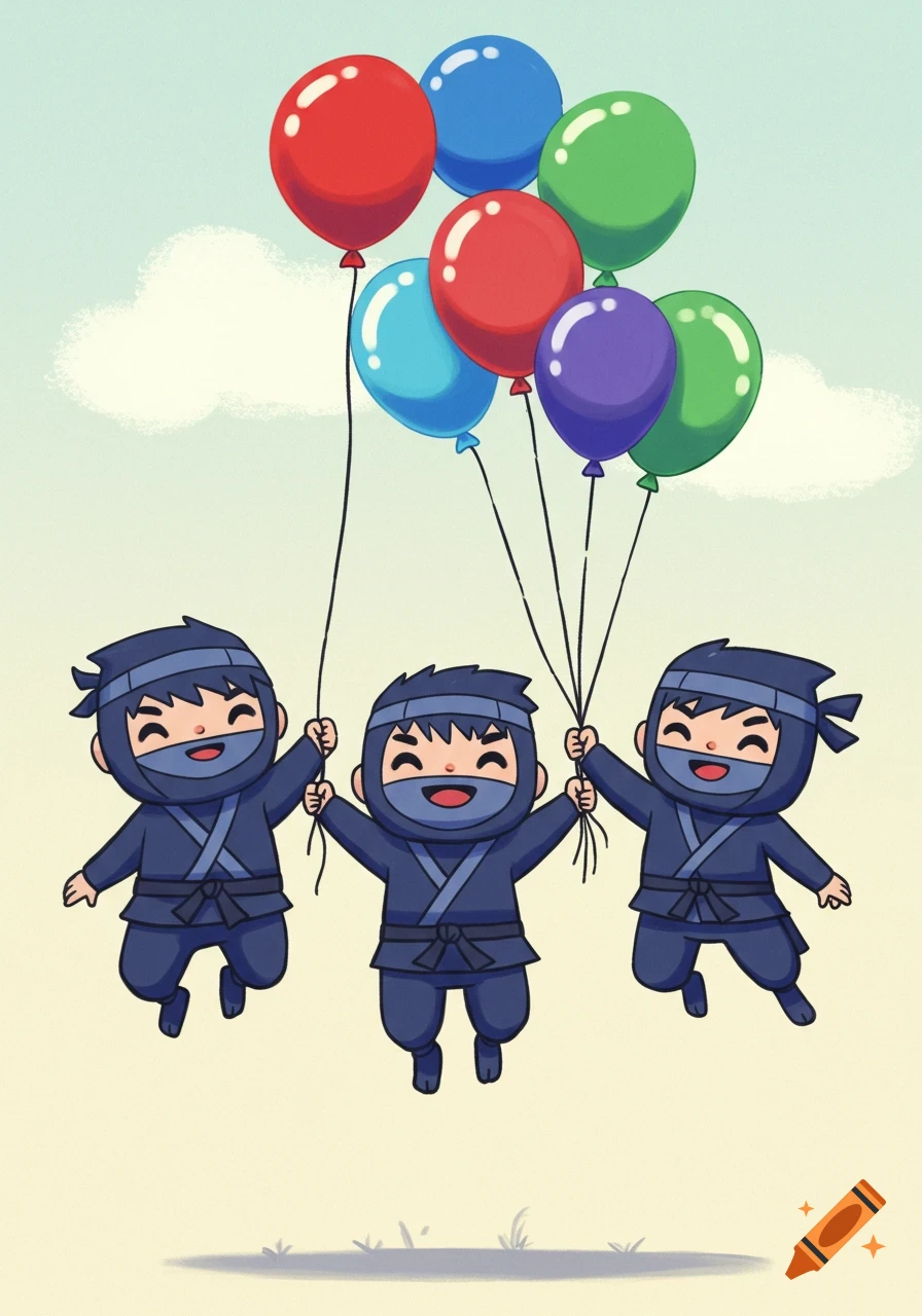 Three friendly cartoon ninjas holding onto colorful balloons, floating in a bright sky.