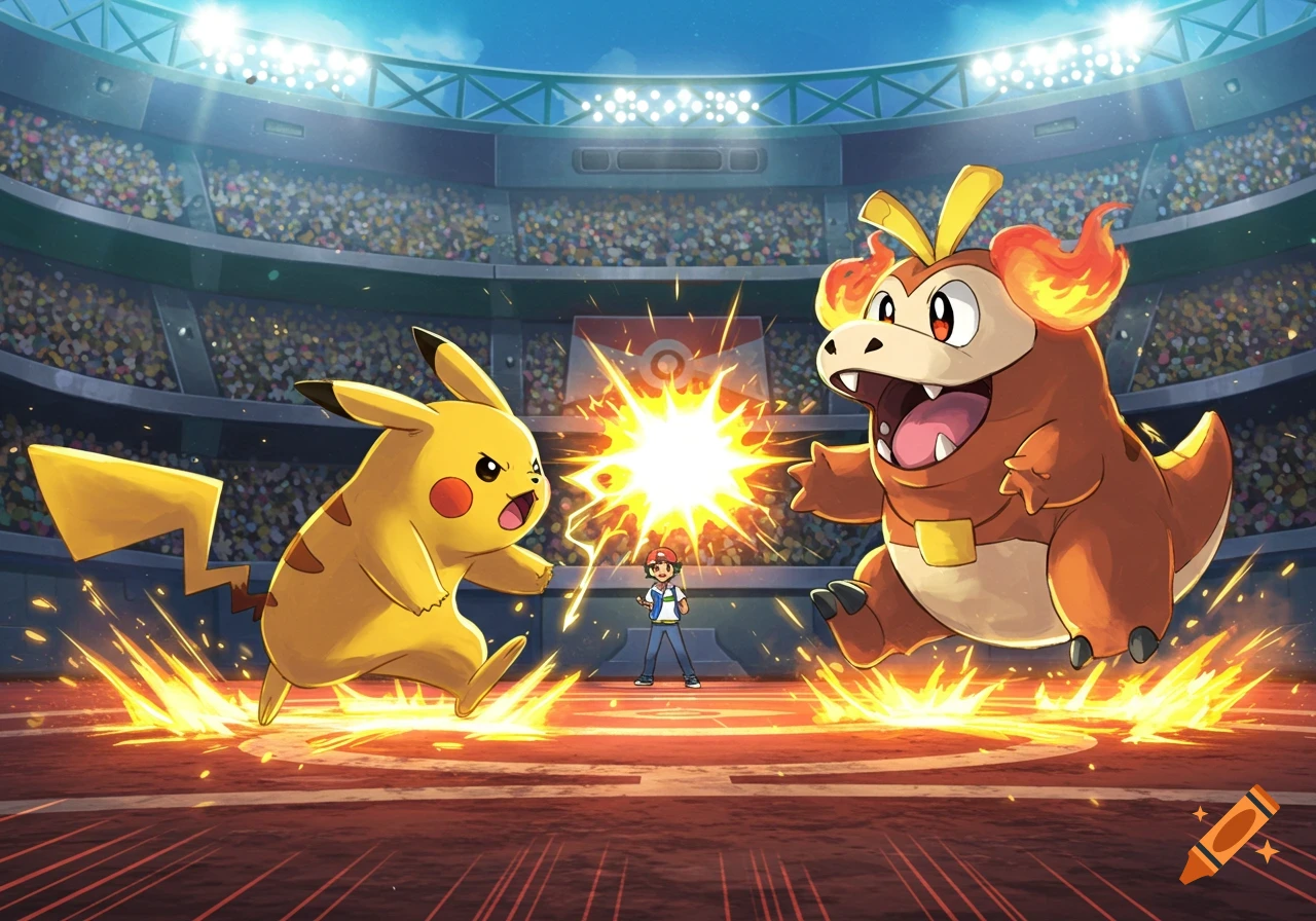 Pikachu and Fuecoco battle in a packed stadium with Ash Ketchum watching.