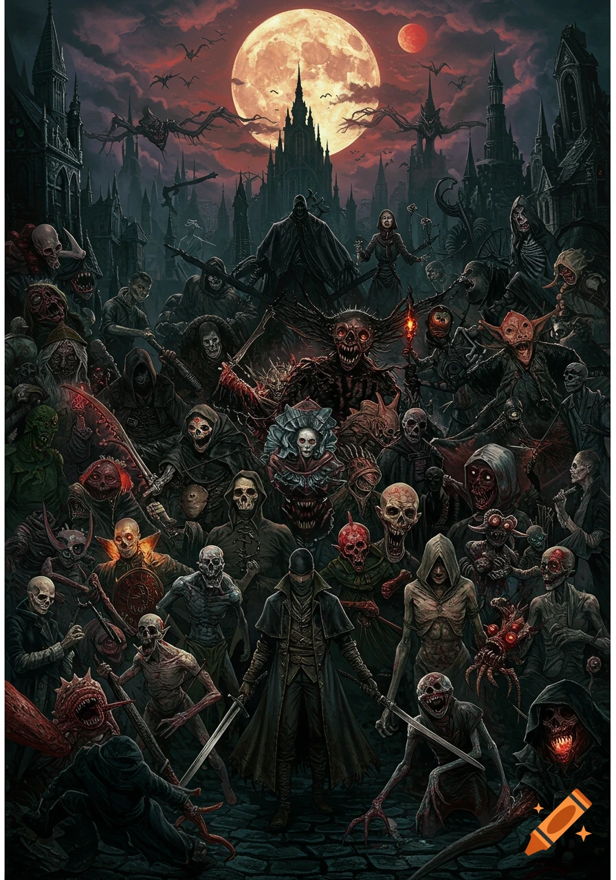 A lone hunter is surrounded by grotesque monsters in a gothic city under a red moon.