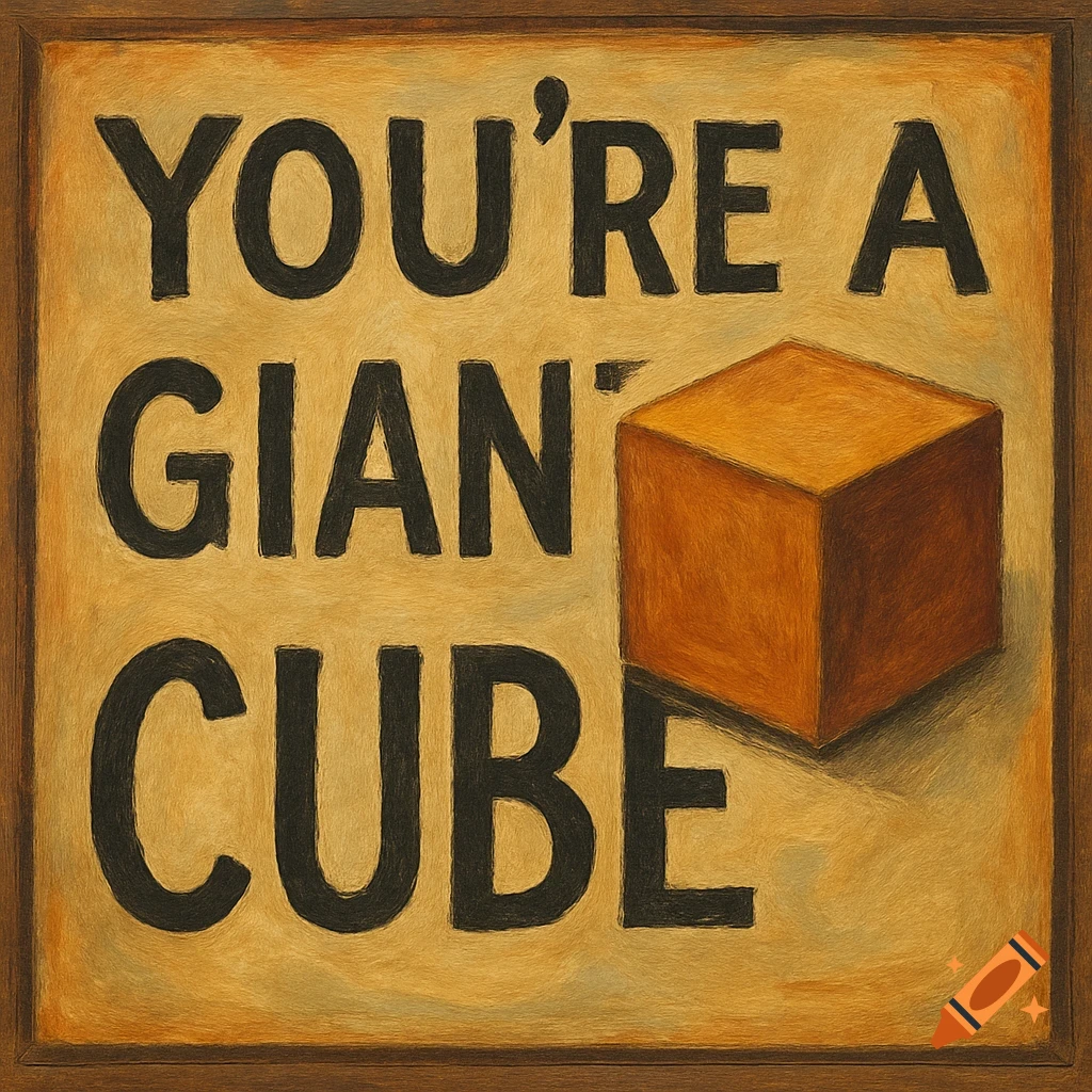 A sign reading 'YOU'RE A GIANT CUBE' next to an orange cube.