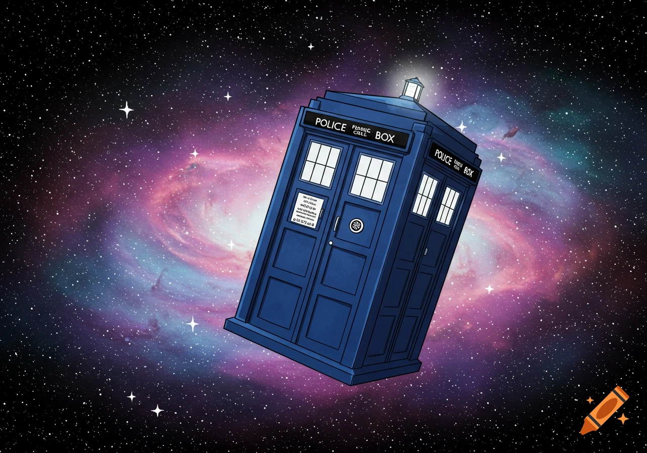 Blue police box (TARDIS) flies through a colorful galaxy background in a cartoon style.
