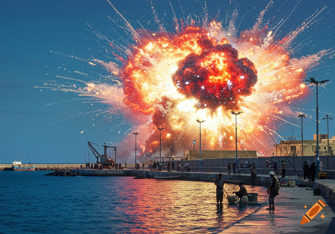 A large explosion erupts over a harbor where people are fishing, with reflections on the water.