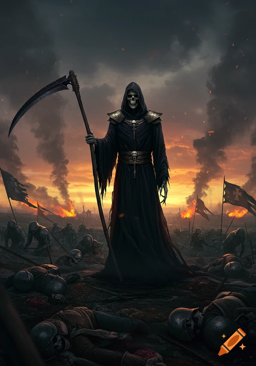 The Grim Reaper stands on a battlefield among fallen soldiers at sunset.