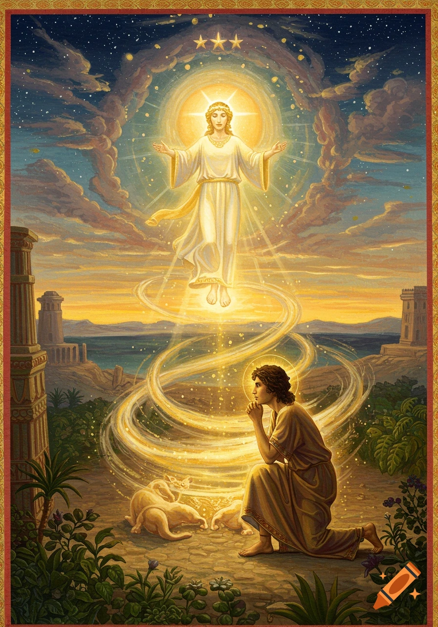 A figure kneels before a glowing angelic figure descending from the sky over a ruined landscape.