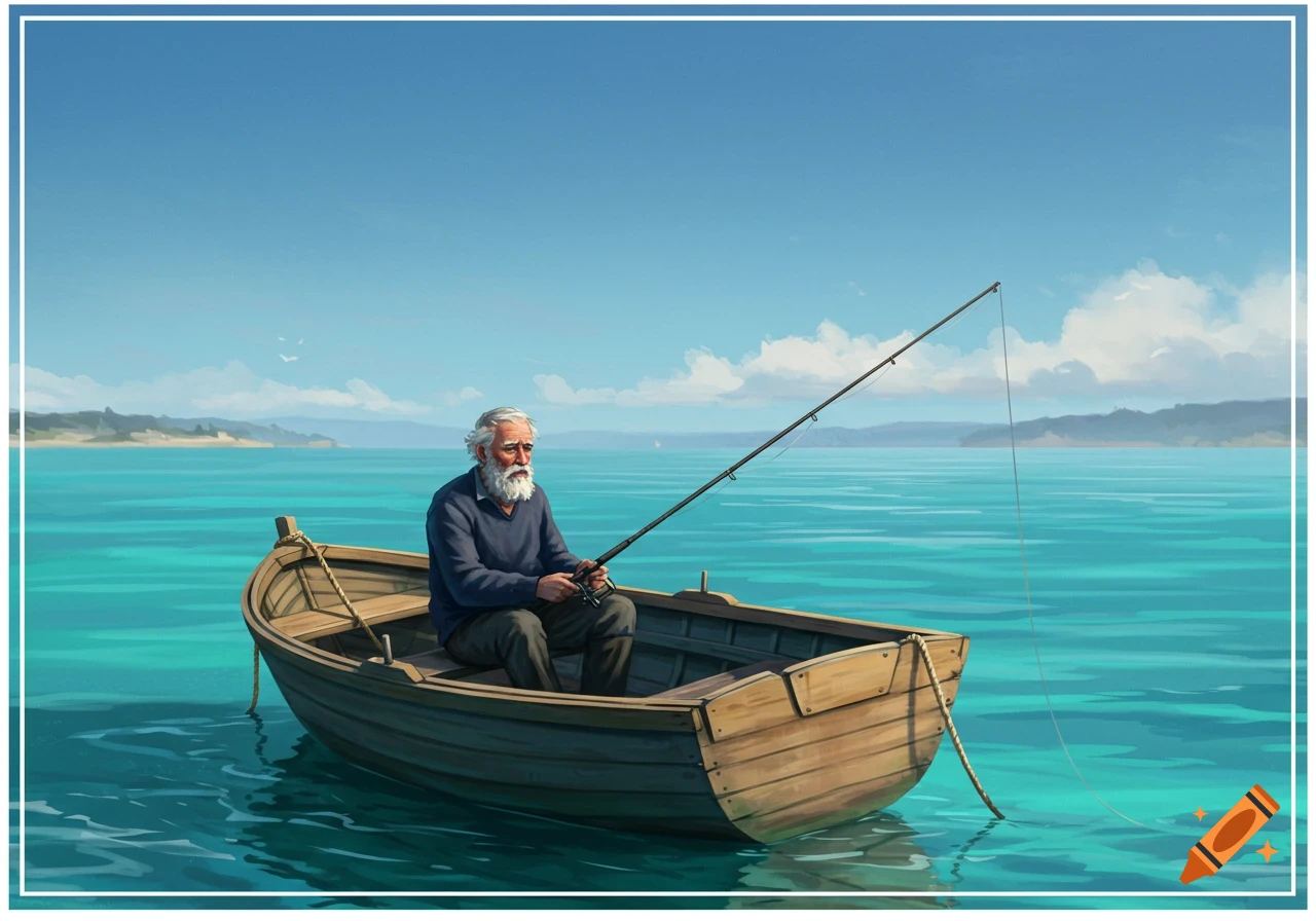 An old man fishing from a boat on calm water with distant land.