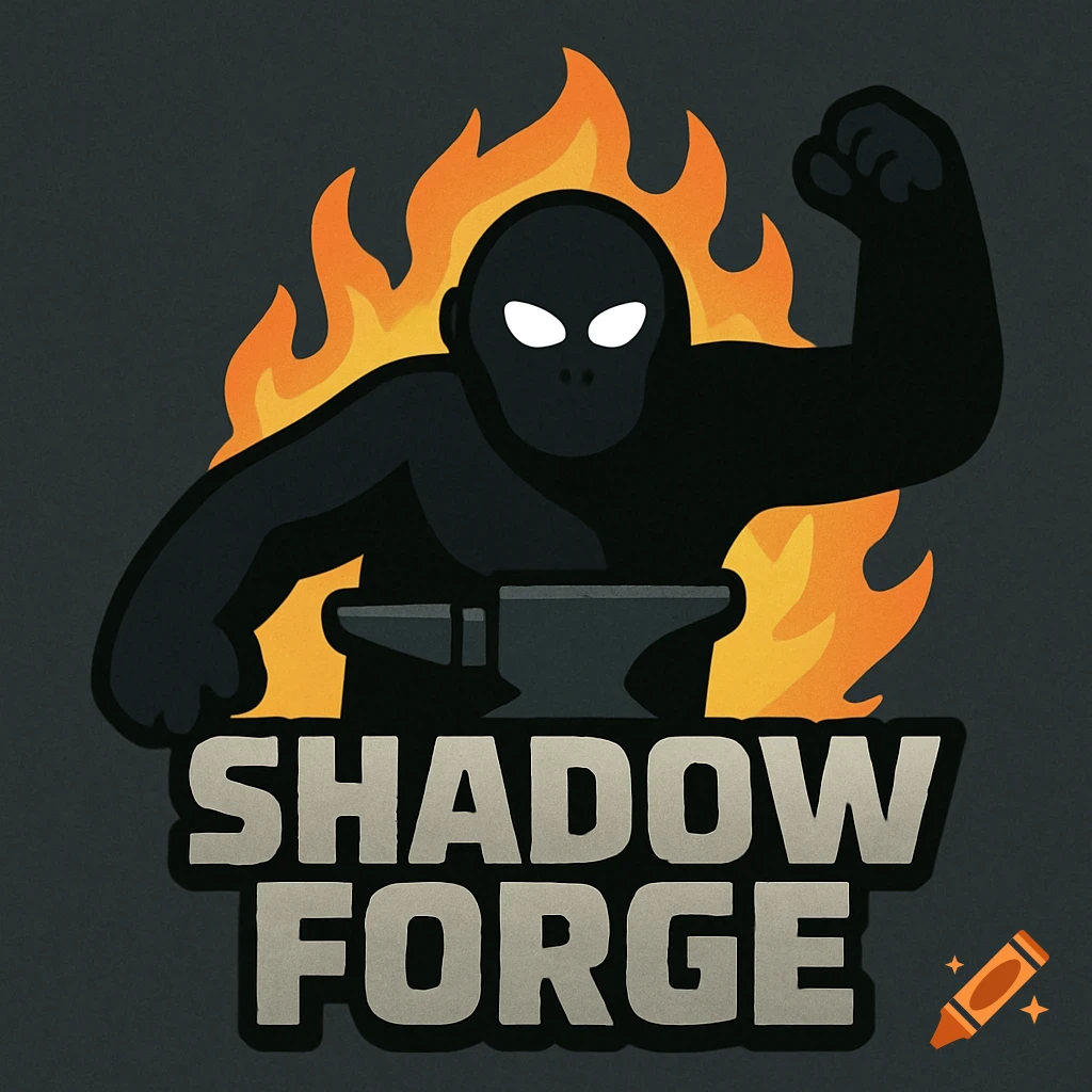 Stylized black figure with flames behind an anvil, with the text SHADOW FORGE below.