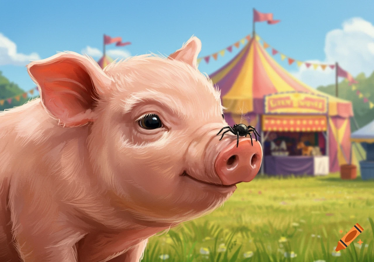 Close-up of a young pig with a spider on its snout at a fair.