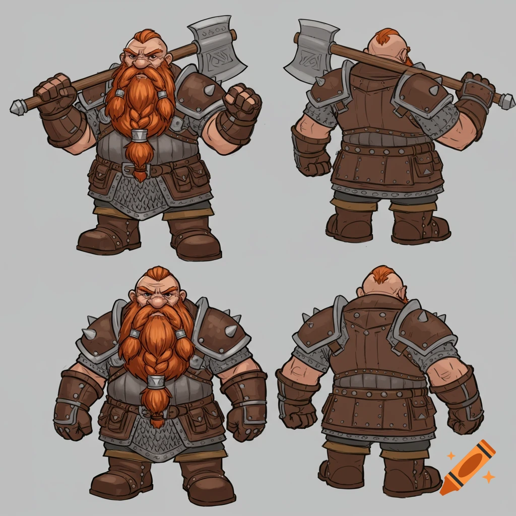 Illustration of a fantasy dwarf character turnaround wearing armor and holding an axe.