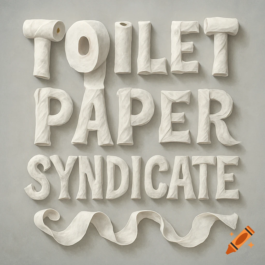 The words 'Toilet Paper Syndicate' formed from toilet paper against a gray background