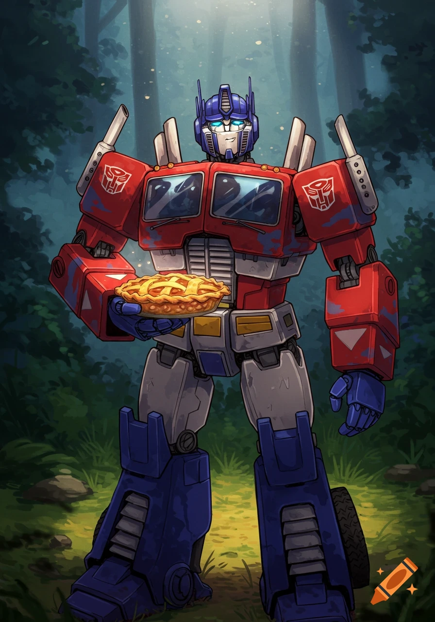 Optimus Prime robot holds a pie in a forest setting.