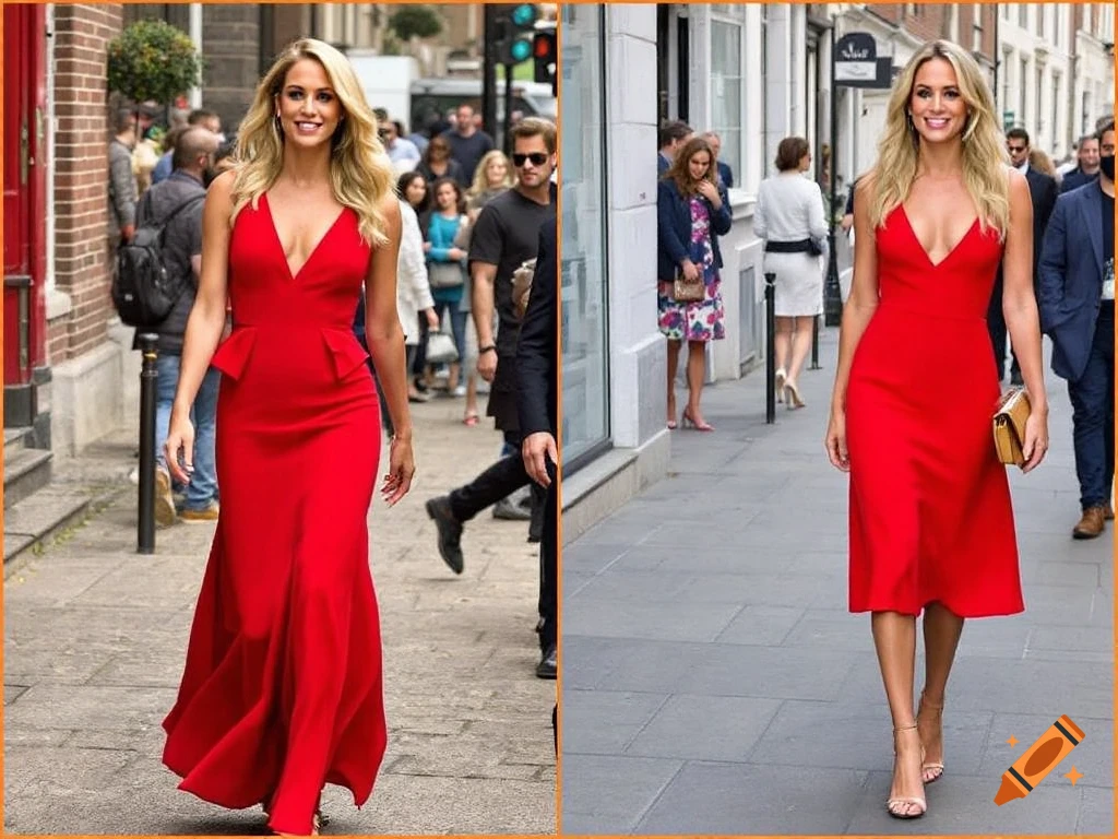 Photorealistic split image of a woman in different red dresses walking on a street.